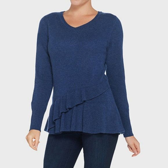 S 100% Cashmere Blue Ruffle Sweater Isaac Mizrahi Live! Pullover V Neck - Picture 1 of 9